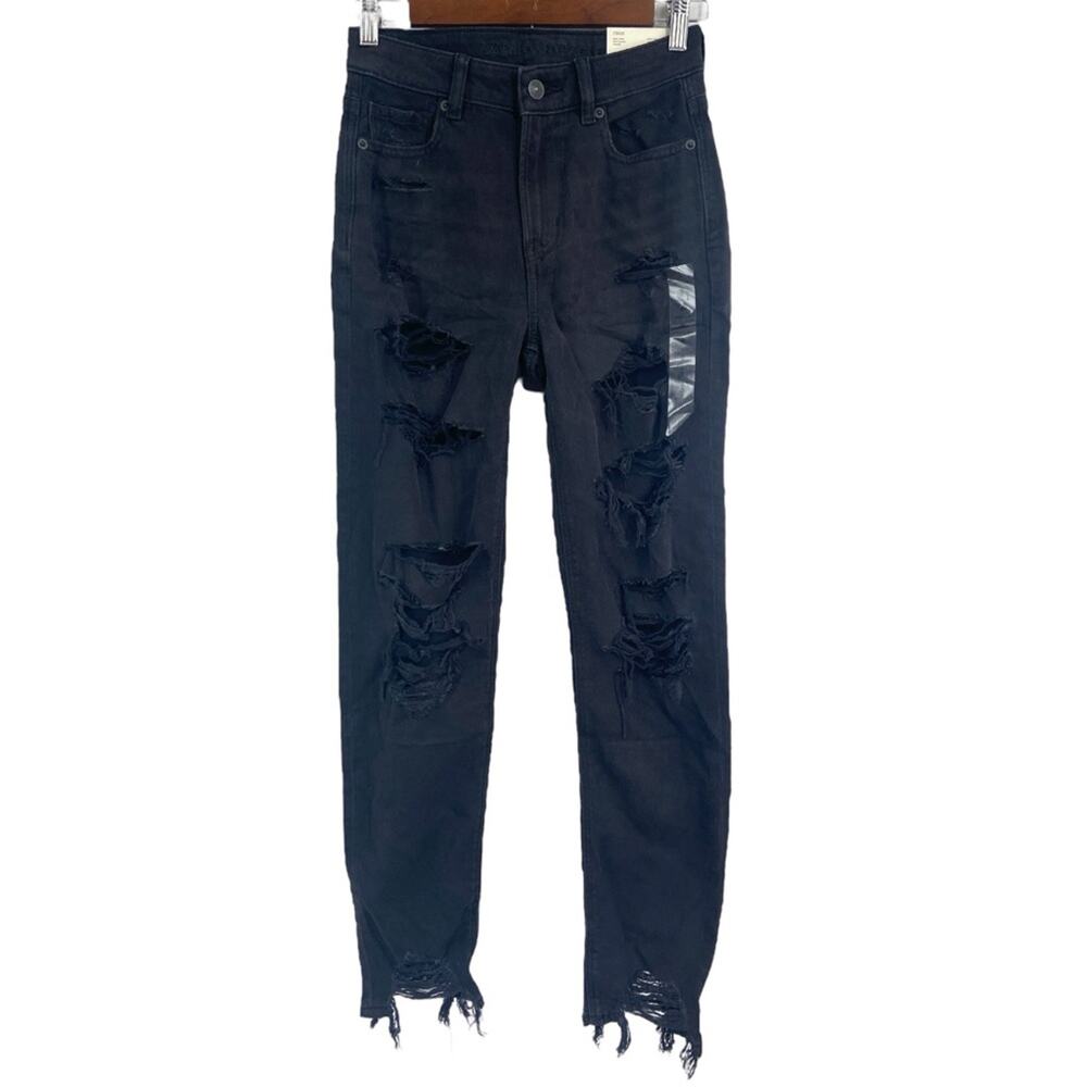 NWT American Eagle Strigid‎ ripped mom jean onyx black, size 0